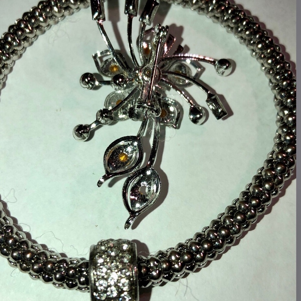 Vintage 2 pc. Silver Beaded Bracelet with Crystal Accent Charm& brooch